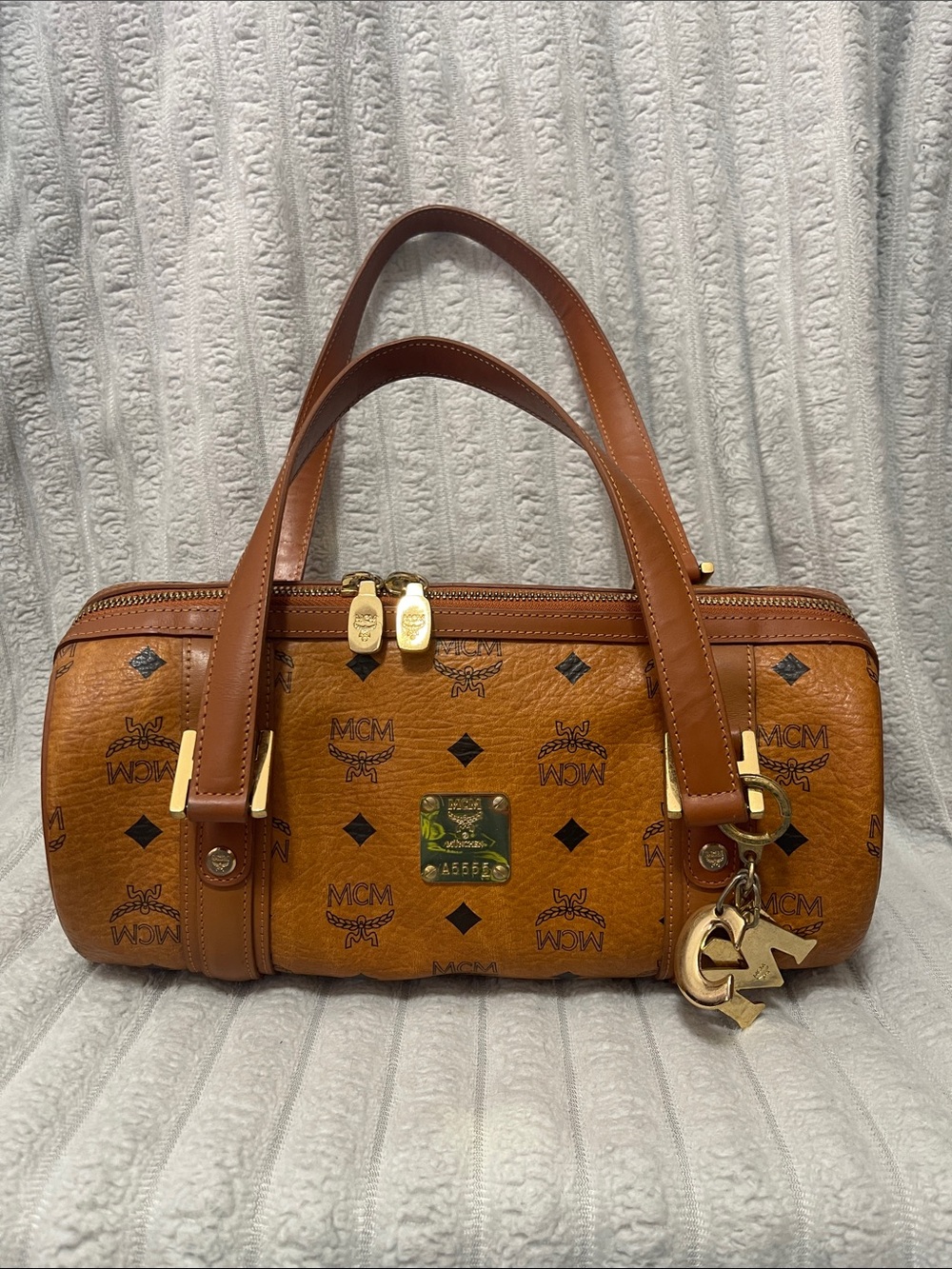 MCM Cognac Visetos Mini Barrel Satchel with Gold Hardware Charm